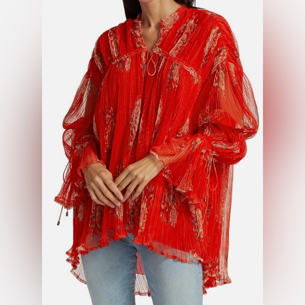 Free People Red Floral Pleated Boho Tunic Blouse Bell Sleeve Small